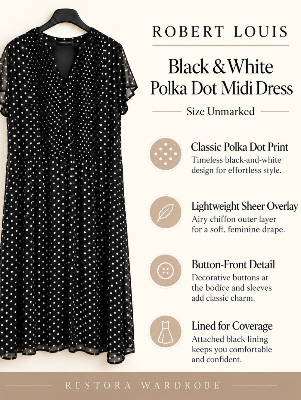 Robert Louis Midi Dress Black White Polka Dot Pintuck Sheer Preppy Size Unknown